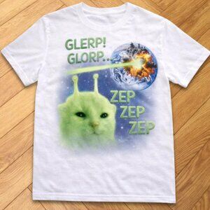 Funny Alien Cat Laser Earth Graphic T Shirt White Space Meme Humor Tee